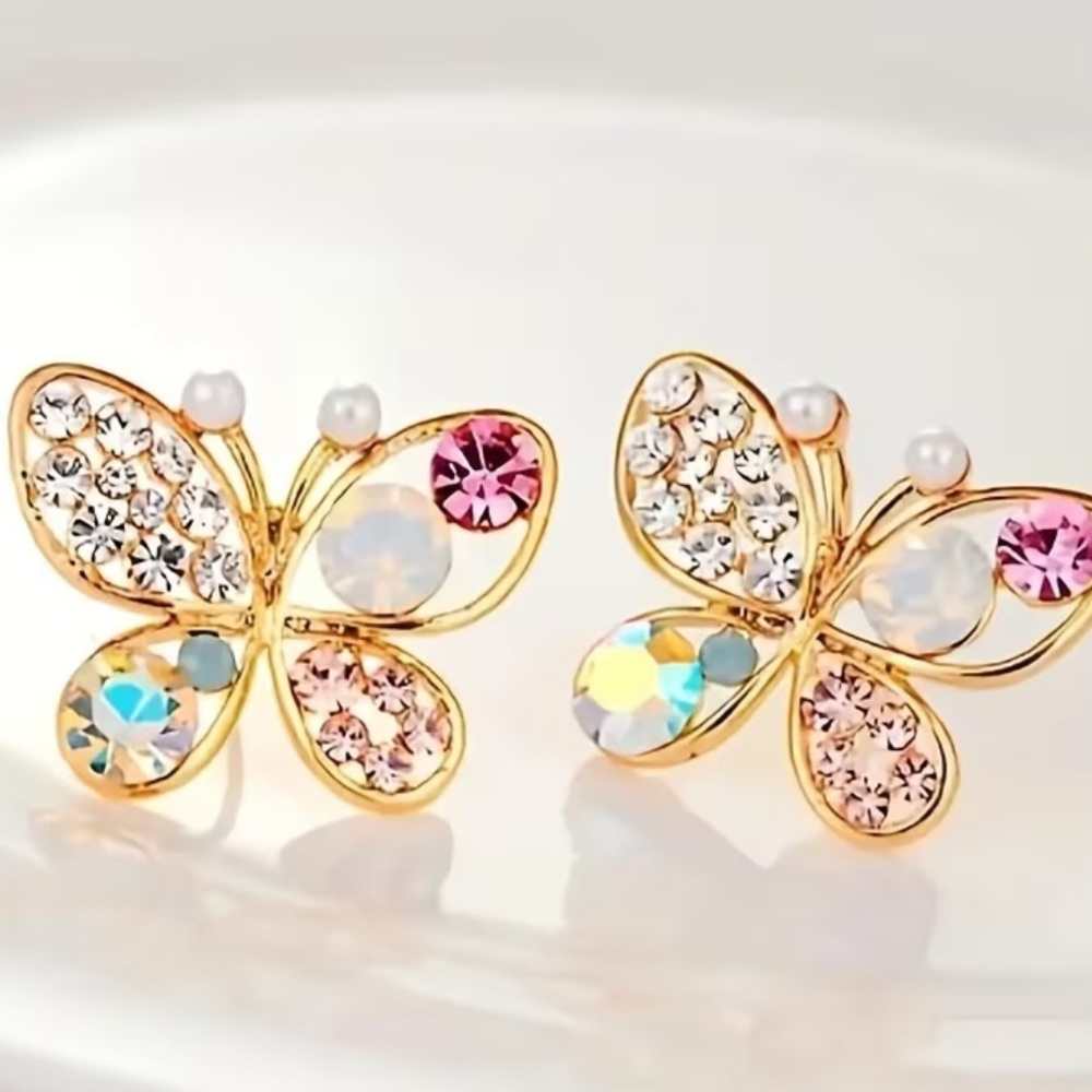 New Gold Butterfly Earrings with Pink and Crystal Accents